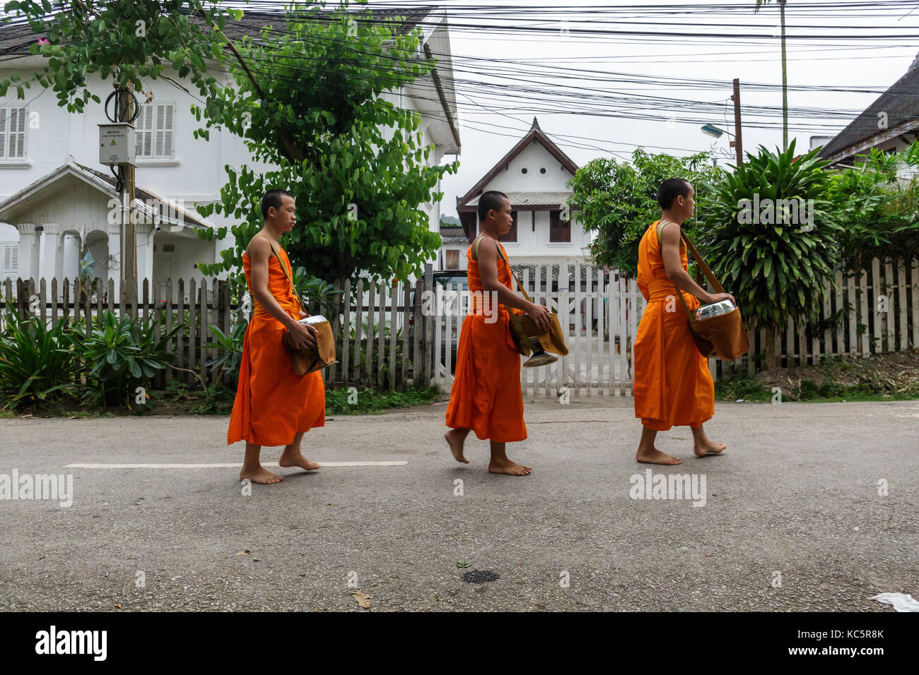 LUANG PRABANG, LAOS - 9/24/2017: Novice Buddhist monks collect alms in Luang Prabang, Laos Stock Photo