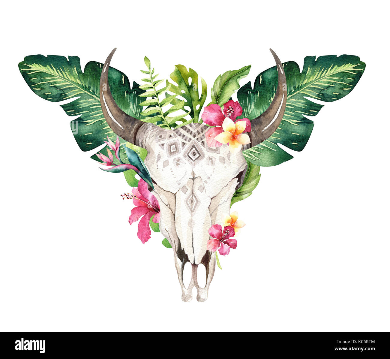 Watercolor Bohemian Cow Skull And Tropic Palm Leaves Western Deer