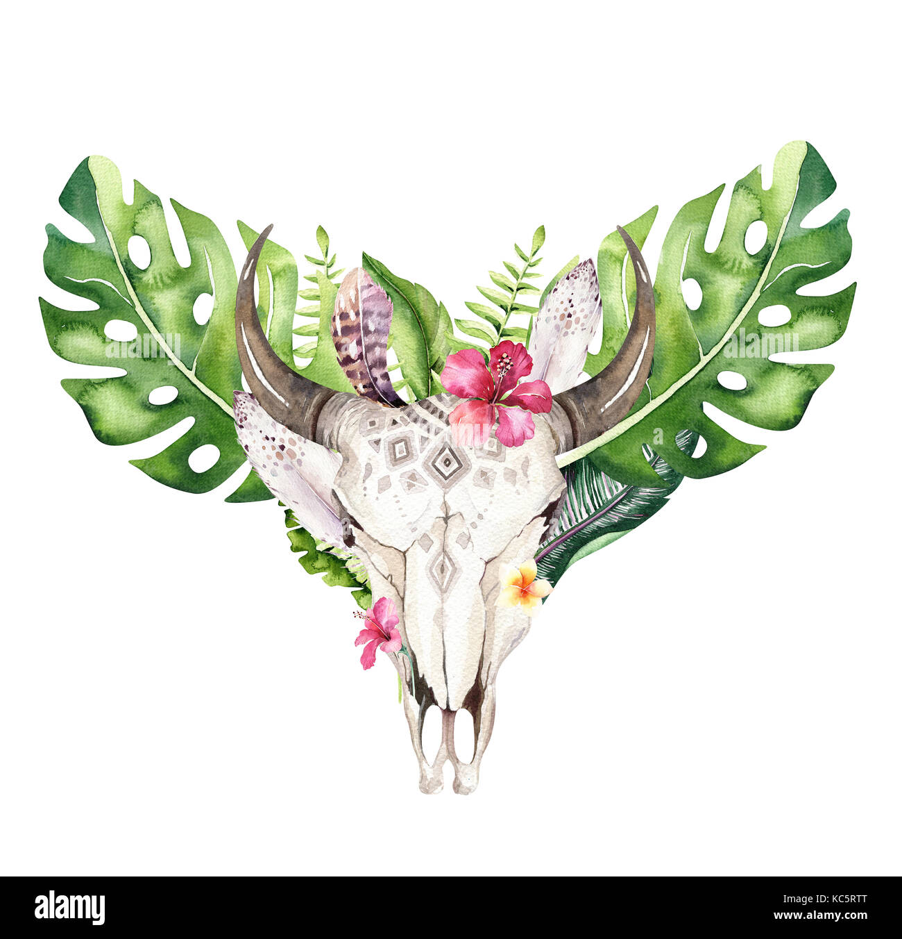 Watercolor Bohemian Cow Skull And Tropic Palm Leaves Western Deer