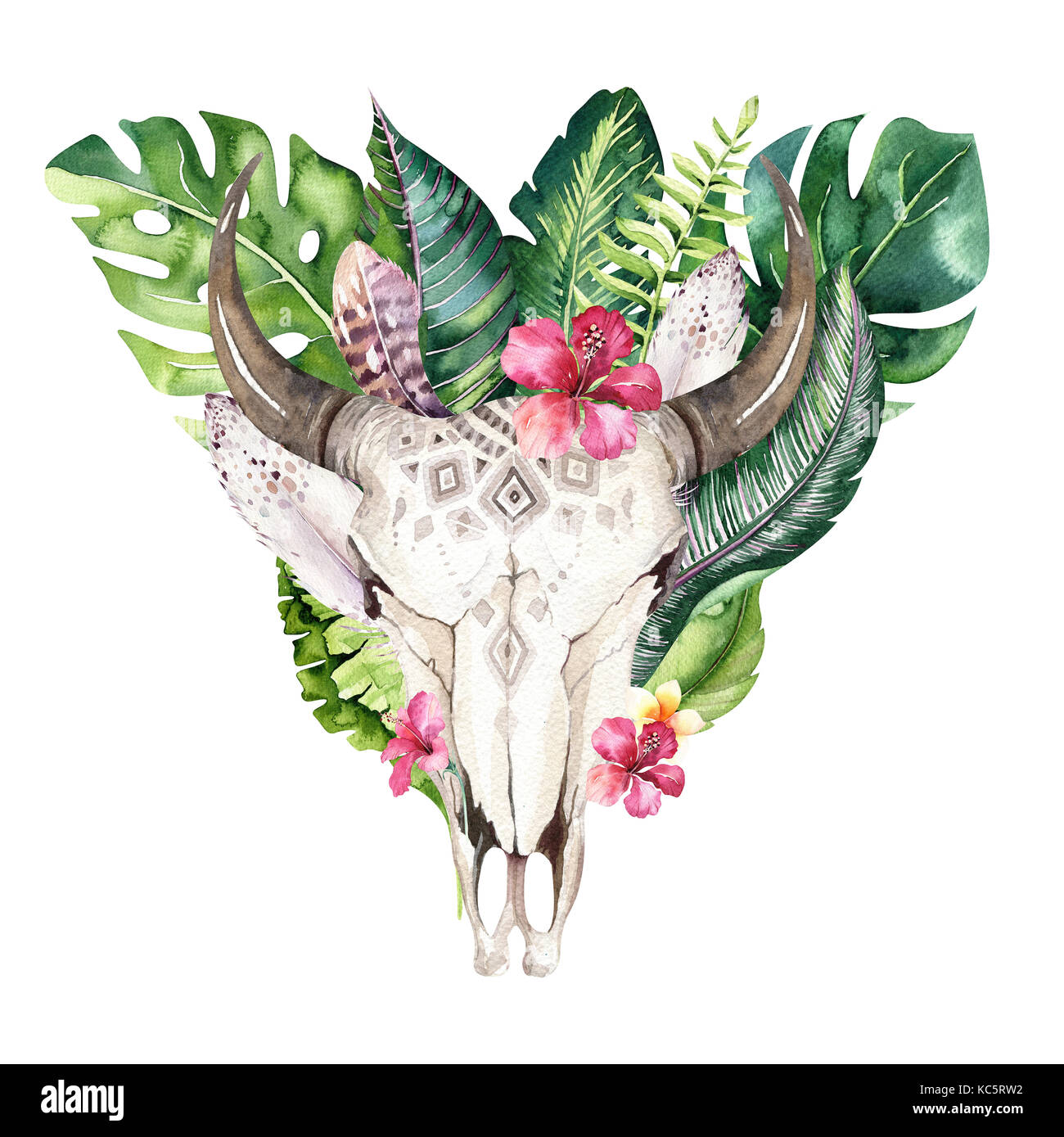 Watercolor Bohemian Cow Skull And Tropic Palm Leaves Western Deer
