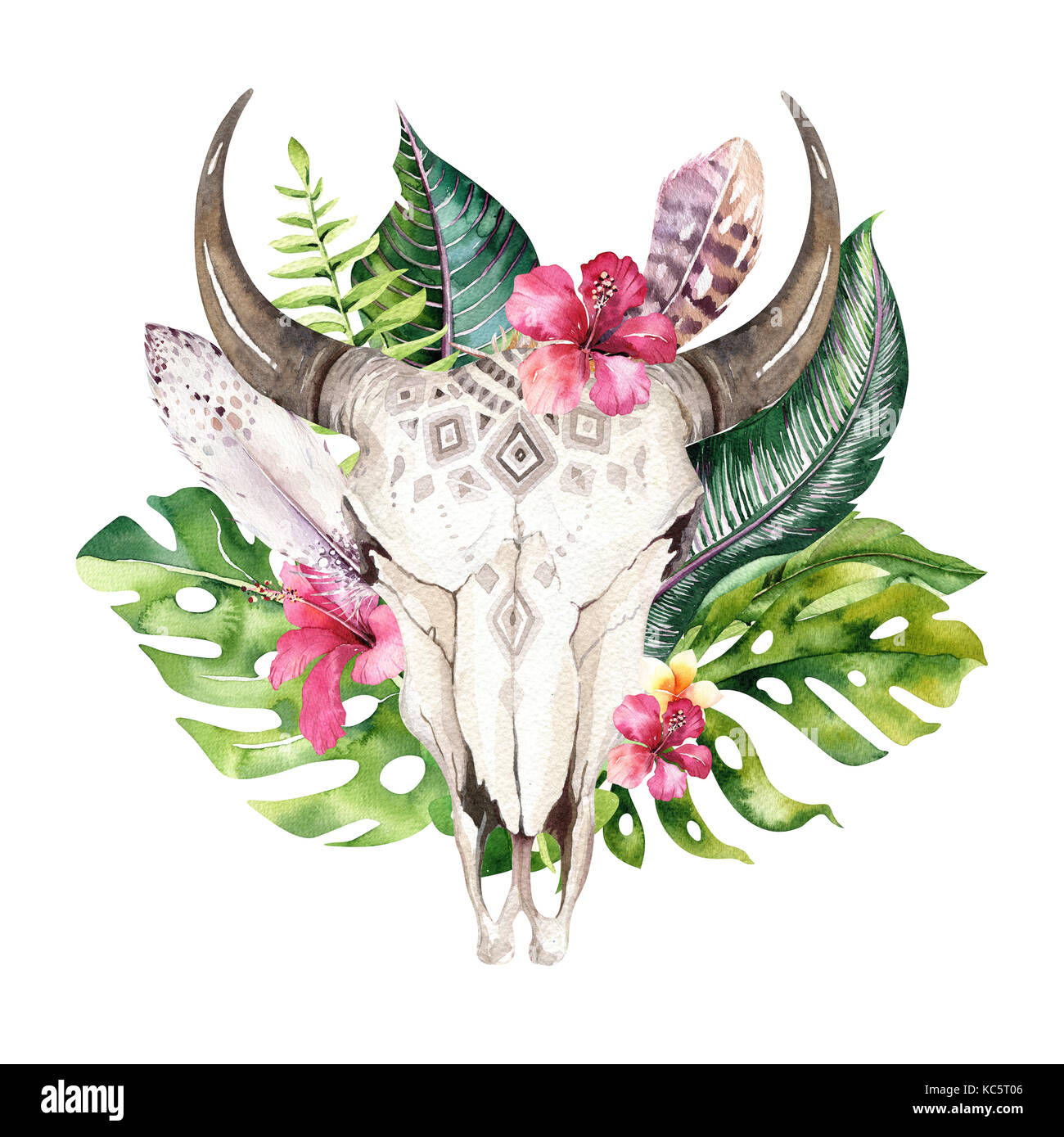 Watercolor Bohemian Cow Skull And Tropic Palm Leaves Western Deer