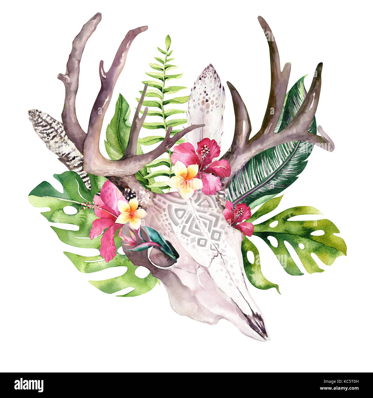 Watercolor bohemian cow skull and tropic palm leaves. Western deer ...