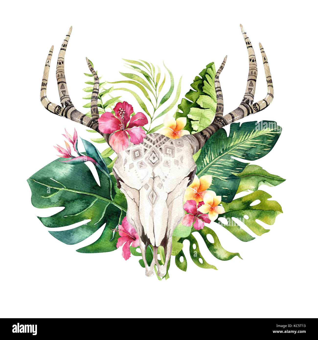 Watercolor bohemian cow skull and tropic palm leaves. Western deer ...