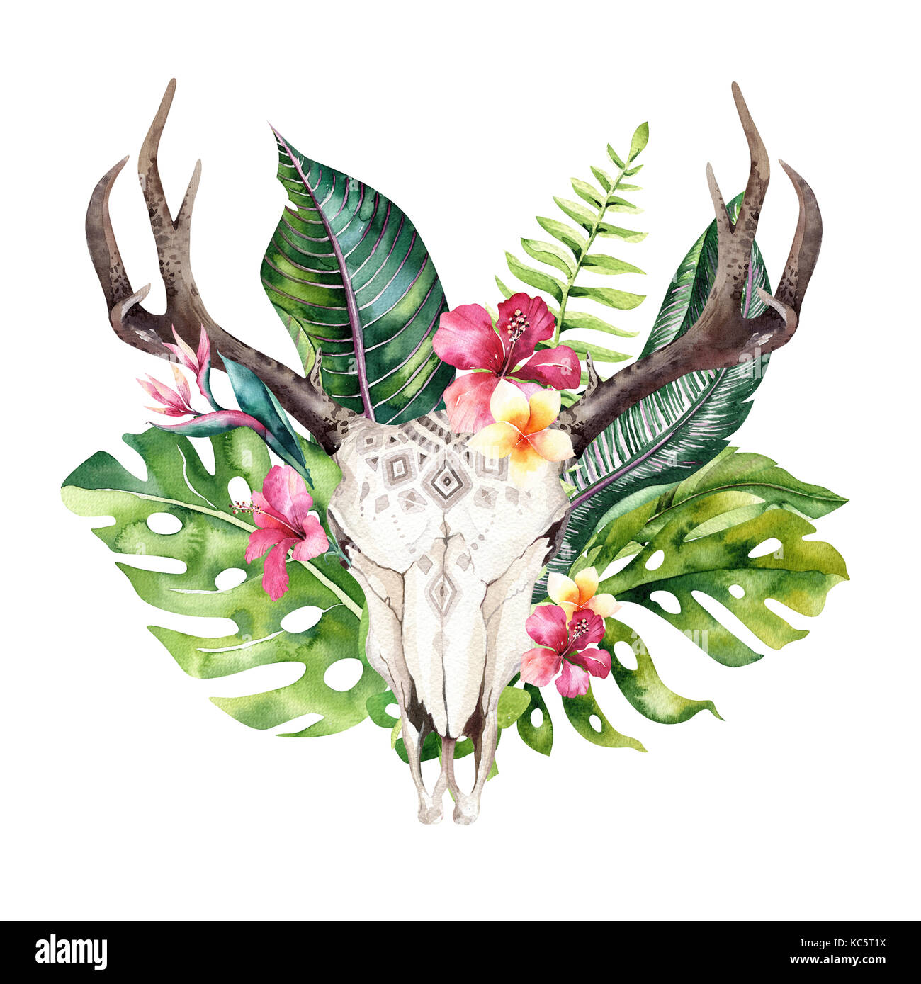Watercolor bohemian cow skull and tropic palm leaves. Western deer ...