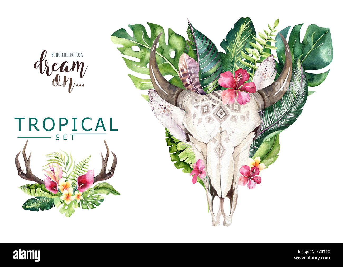 Watercolor Bohemian Cow Skull And Tropic Palm Leaves Western Deer