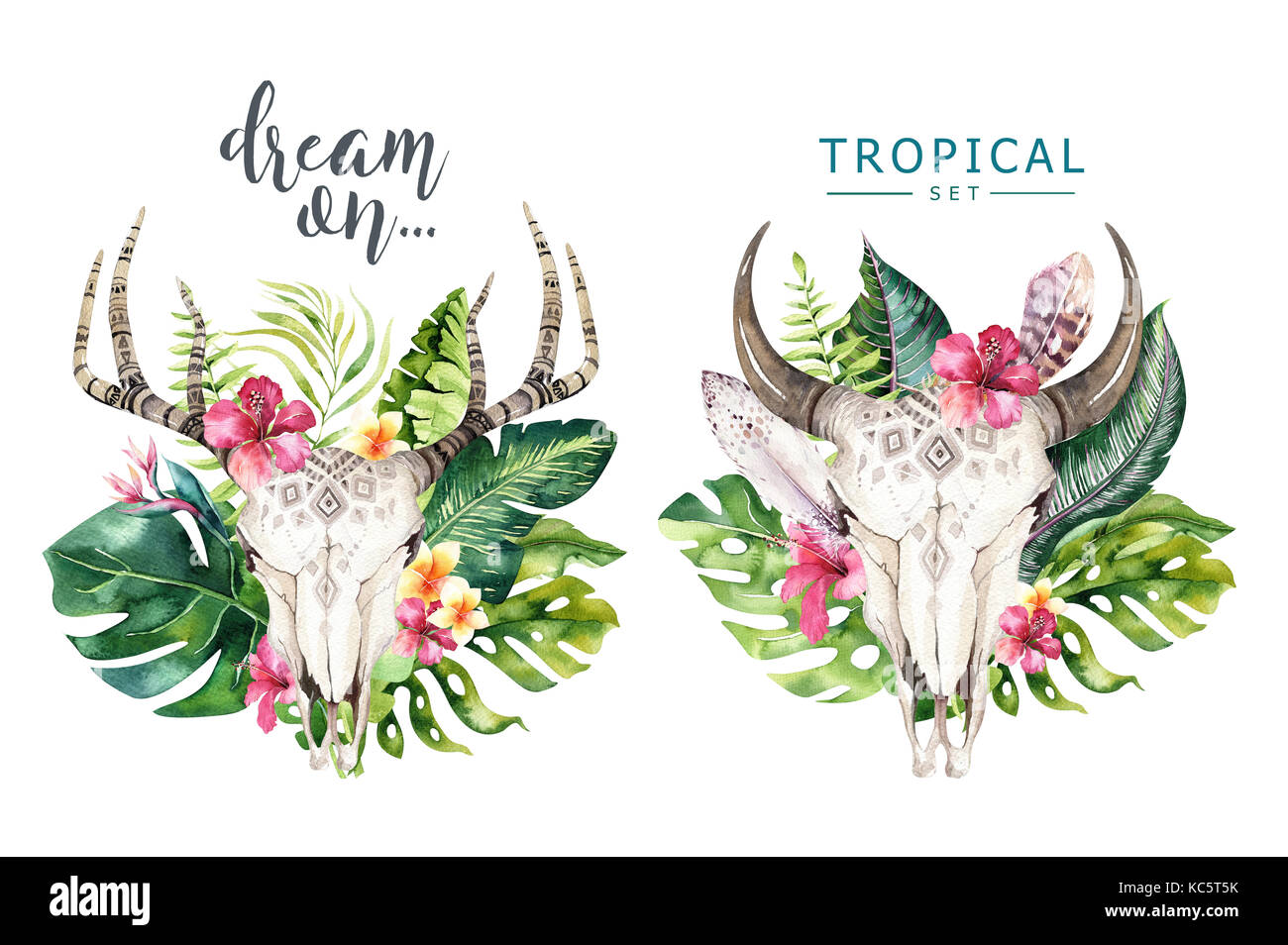 Watercolor bohemian cow skull and tropic palm leaves. Western deer ...