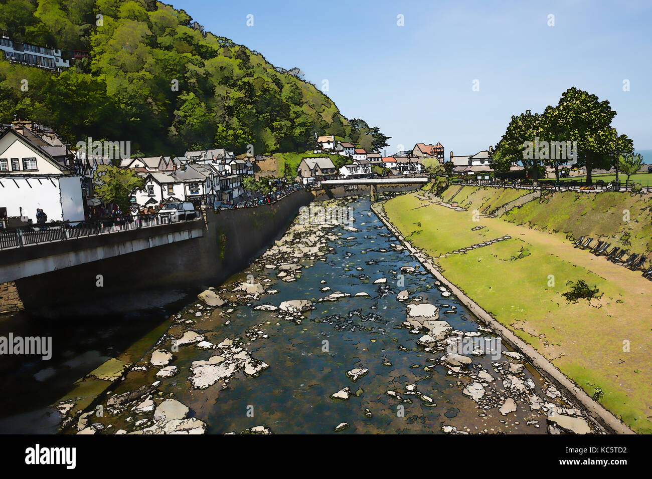 Lynmouth Devon England UK river running through the town beautiful spring sunshine digital illustration Stock Photo