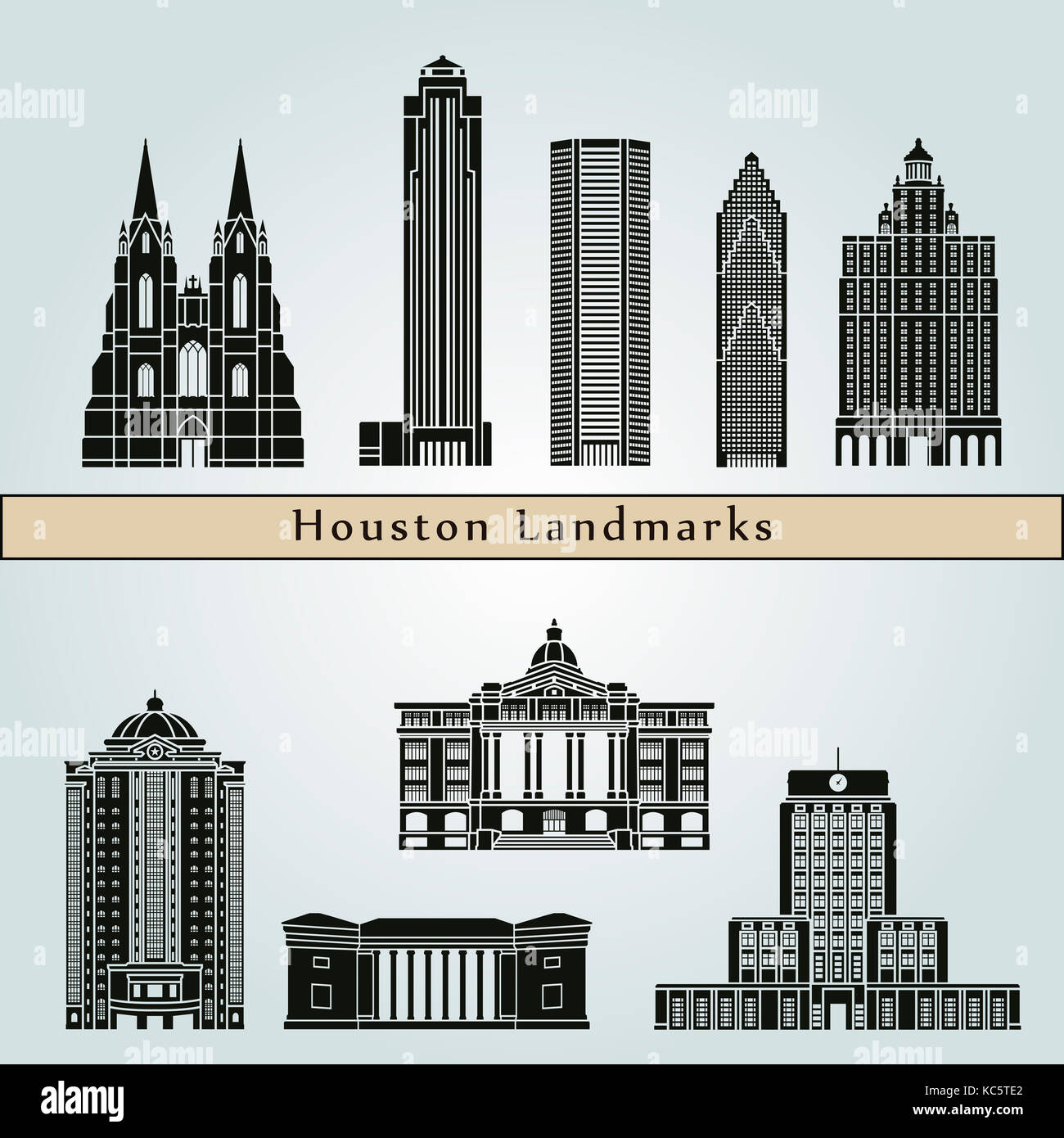 Houston landmarks and monuments isolated on blue background in editable