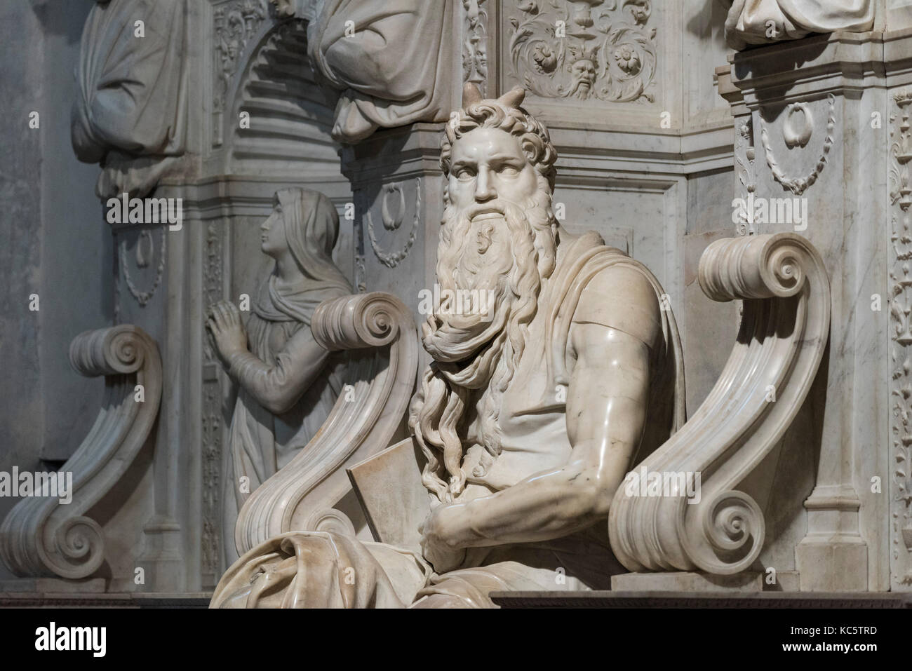 Rome. Italy. Sculpture of Moses by Michelangelo on the Tomb of Pope Julius II, Basilica di San Pietro in Vincoli.  Moses sculpture (ca. 1513-1516) by  Stock Photo