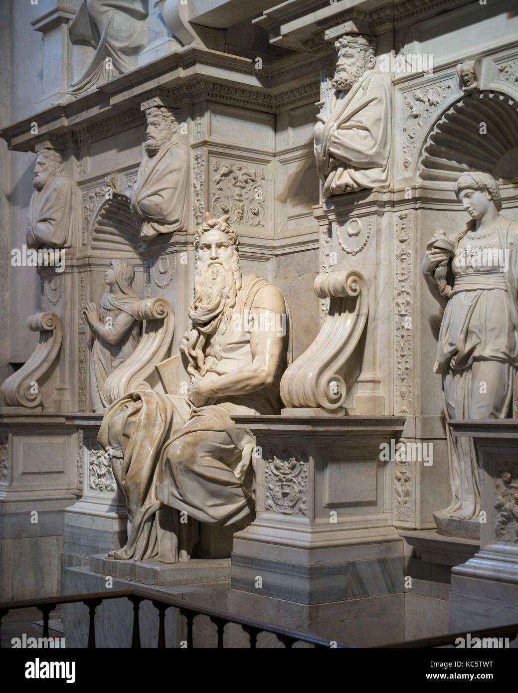 Rome. Italy. Sculpture of Moses by Michelangelo on the Tomb of Pope Julius II, Basilica di San Pietro in Vincoli.  Moses sculpture (ca. 1513-1516) by  Stock Photo