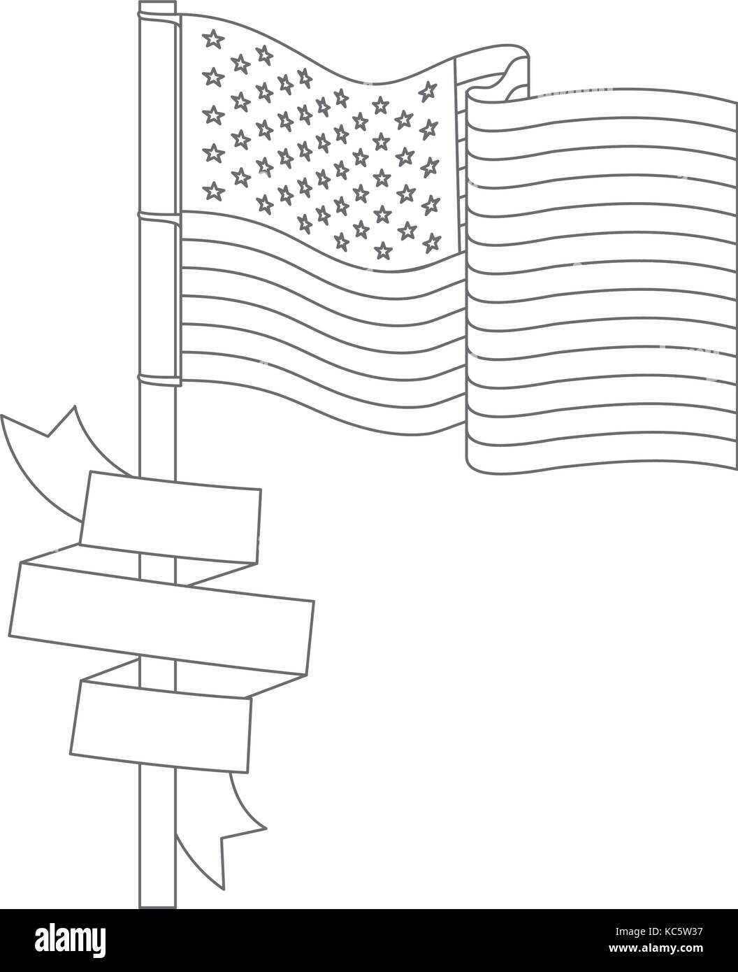 united states flag with ribbon in pole monochrome silhouette Stock
