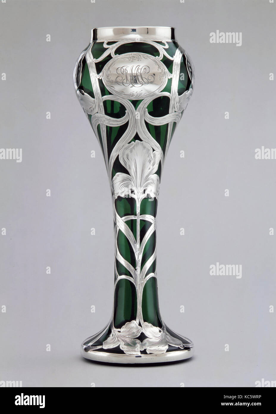 Vase, 1890–1905, Made in Providence, Rhode Island, United States, American, Glass, silver, Overall: 13 15/16 x 5 1/4 in. (35.4 Stock Photo