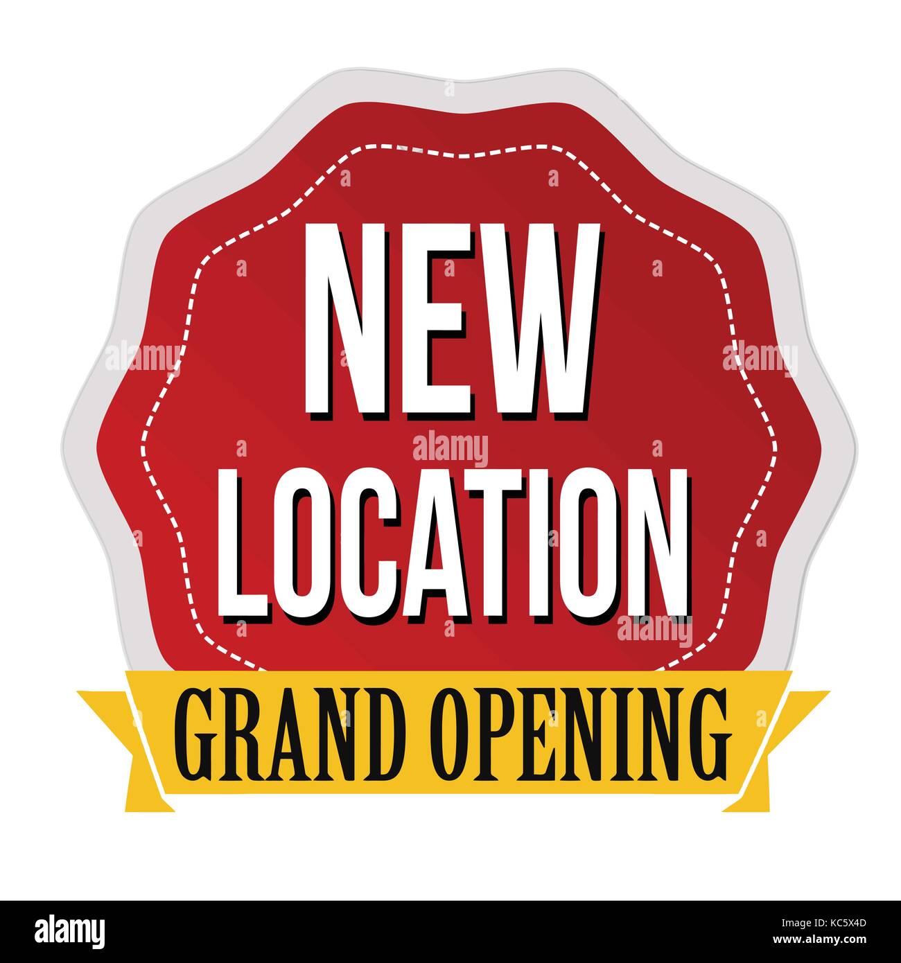 New location, grand opening sticker or label on white background, vector illustration Stock Vector