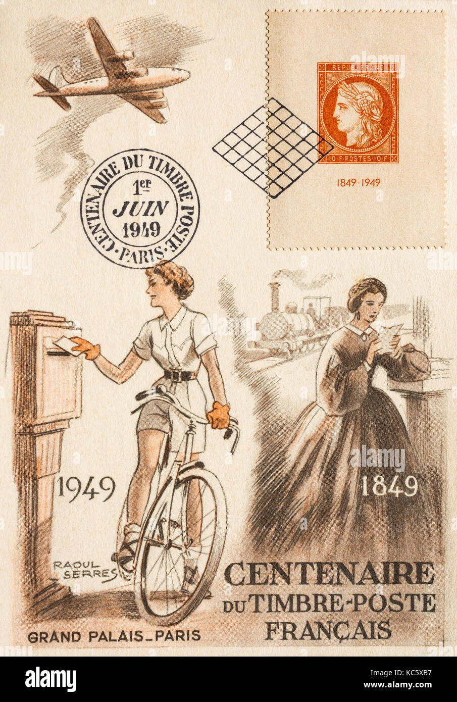 Illustrated postcard celebrating 100-year anniversary of French postage stamps. Stock Photo