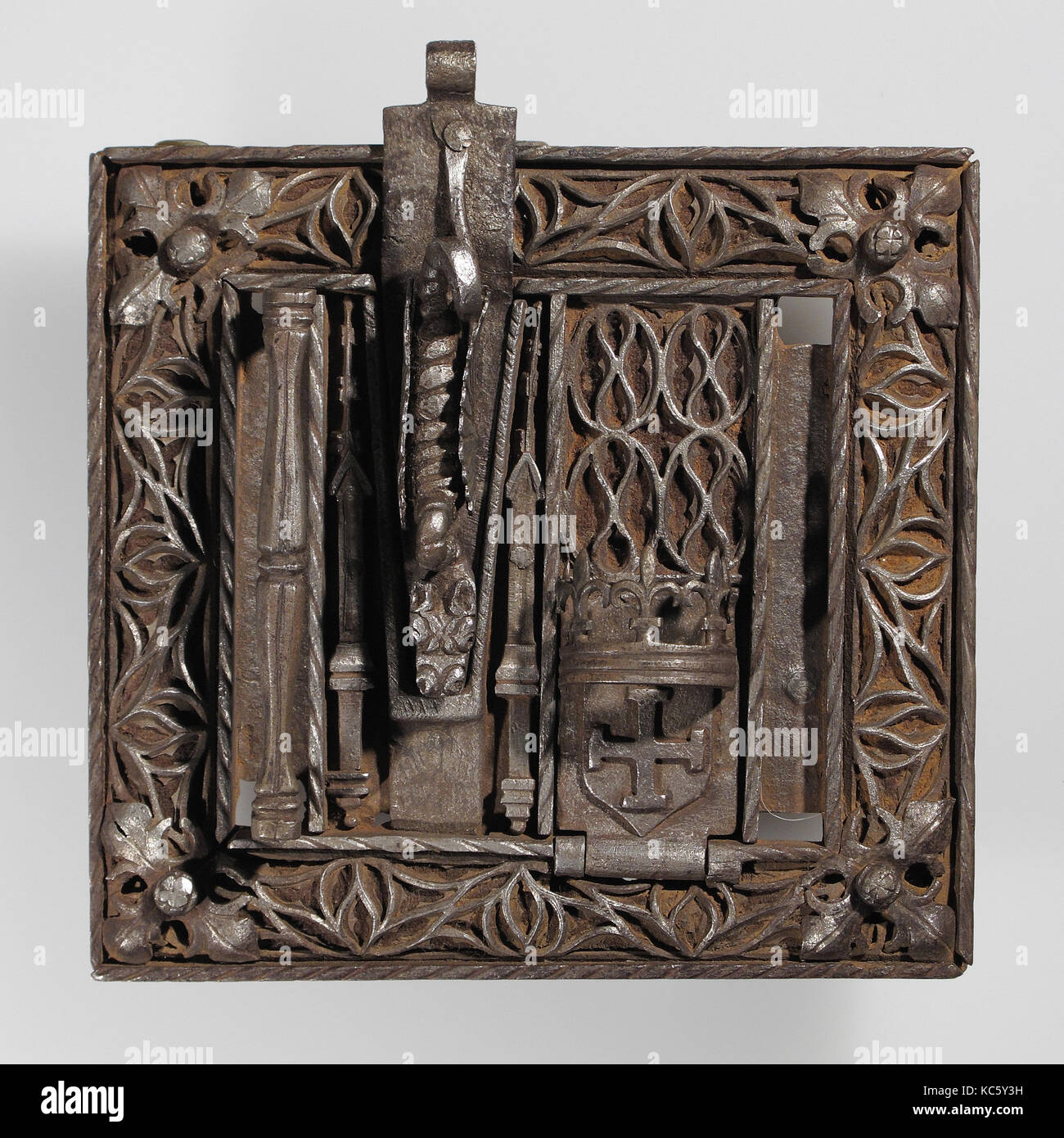 Lock, 15th century, French, Iron, Overall: 6 x 6 3/8 in. (15.2 x 16.2 cm), Metalwork-Iron, The decoration of Gothic iron locks Stock Photo