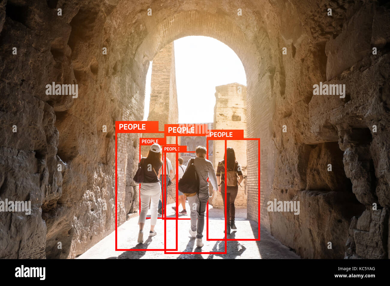 Machine Learning analytics identify person technology , Artificial intelligence and smart city concept. Software ui analytics and recognition people i Stock Photo
