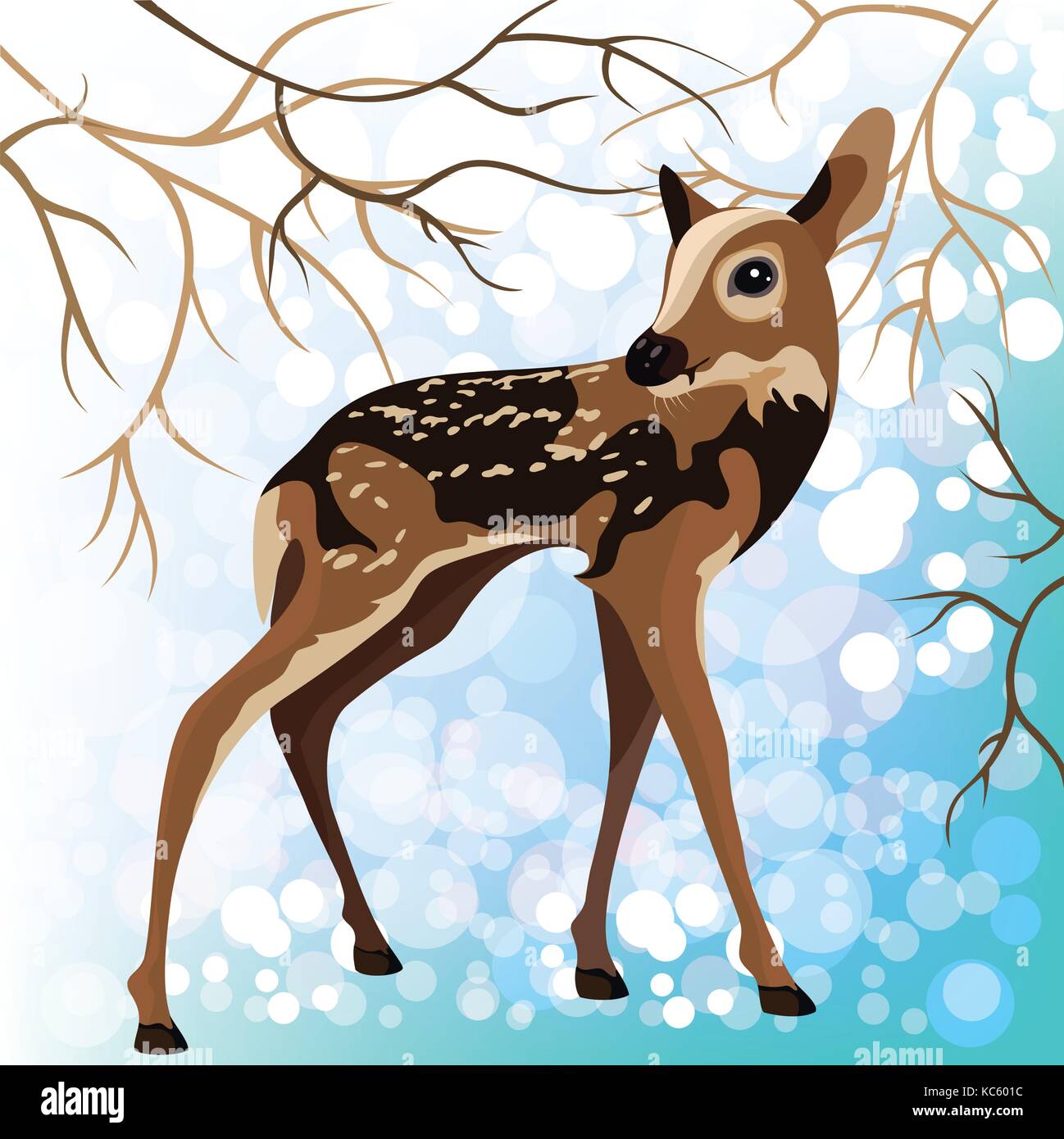 Young deer in a winter forest, vector illustration Stock Vector