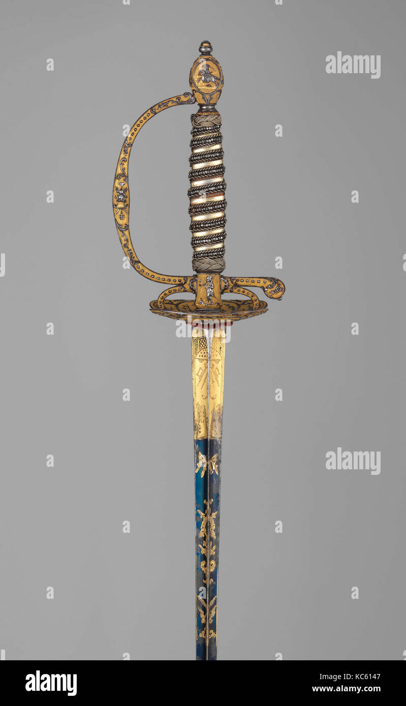 Smallsword with Scabbard, ca. 1780, French, Steel, silver, gold, wood, textile, fishskin, L. with scabbard 38 5/8 in. (98.1 cm Stock Photo
