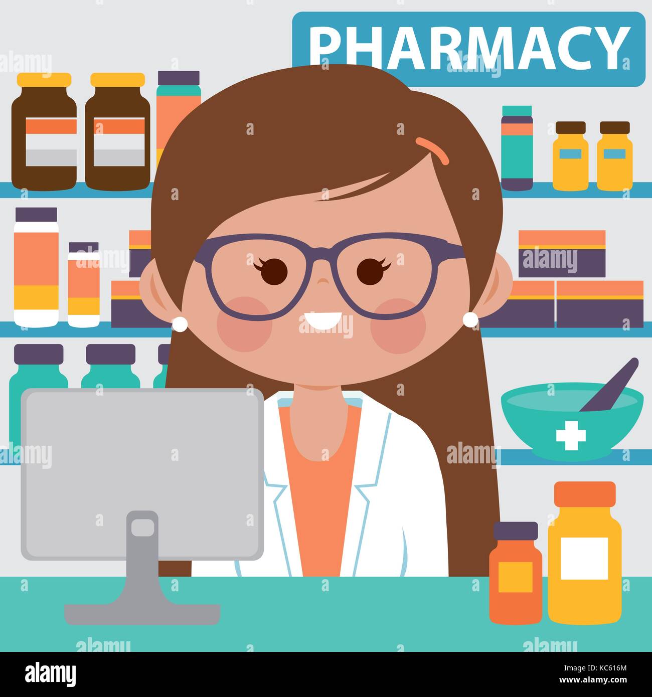 Pharmacist at the counter in a pharmacy opposite of shelves with medicines. Stock Vector