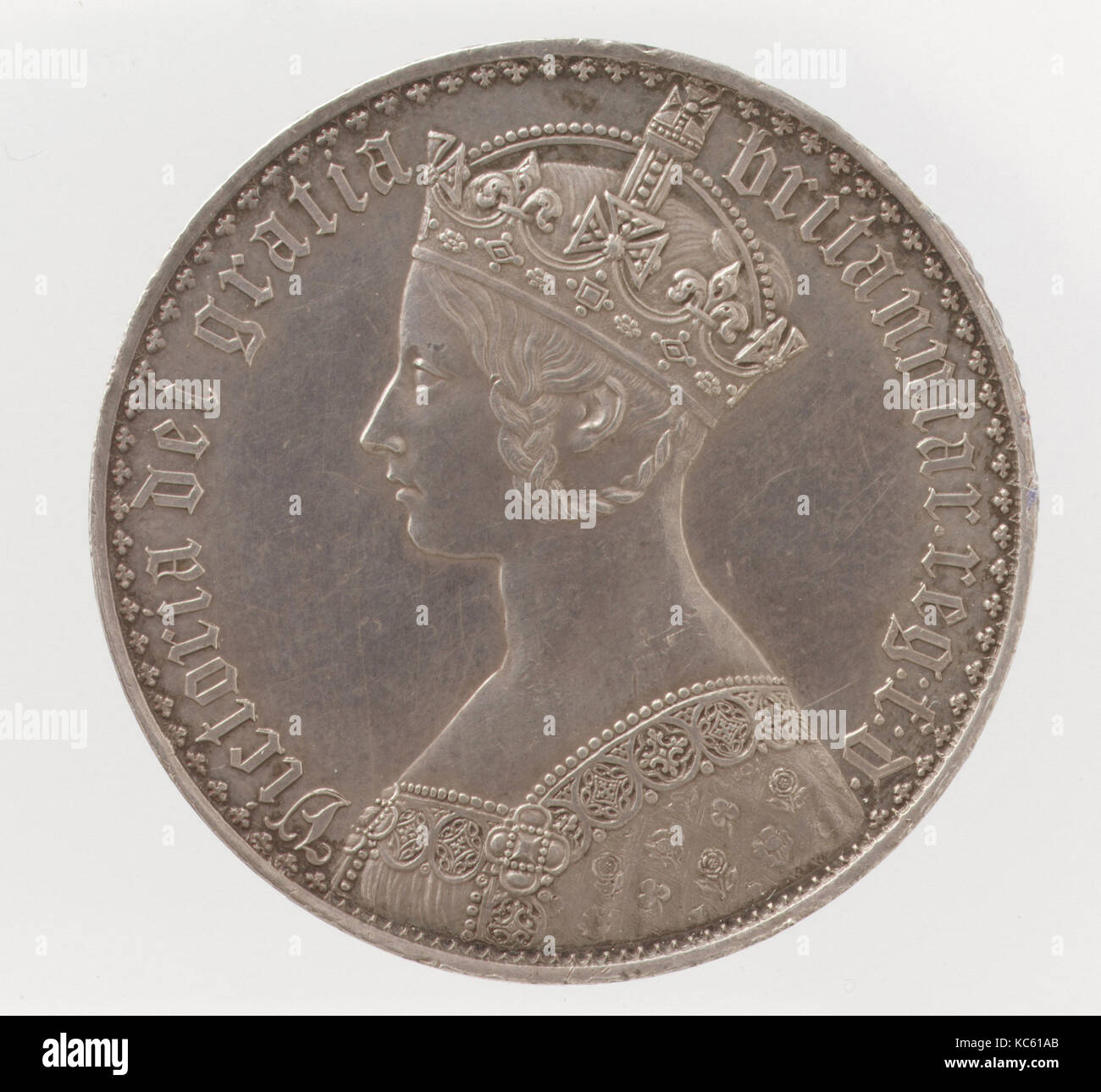 Victoria 'Gothic' crown, William Wyon (British, Birmingham 1795–1851 Brighton), 1847, British, Silver, Diam. 155 mm., Coins Stock Photo