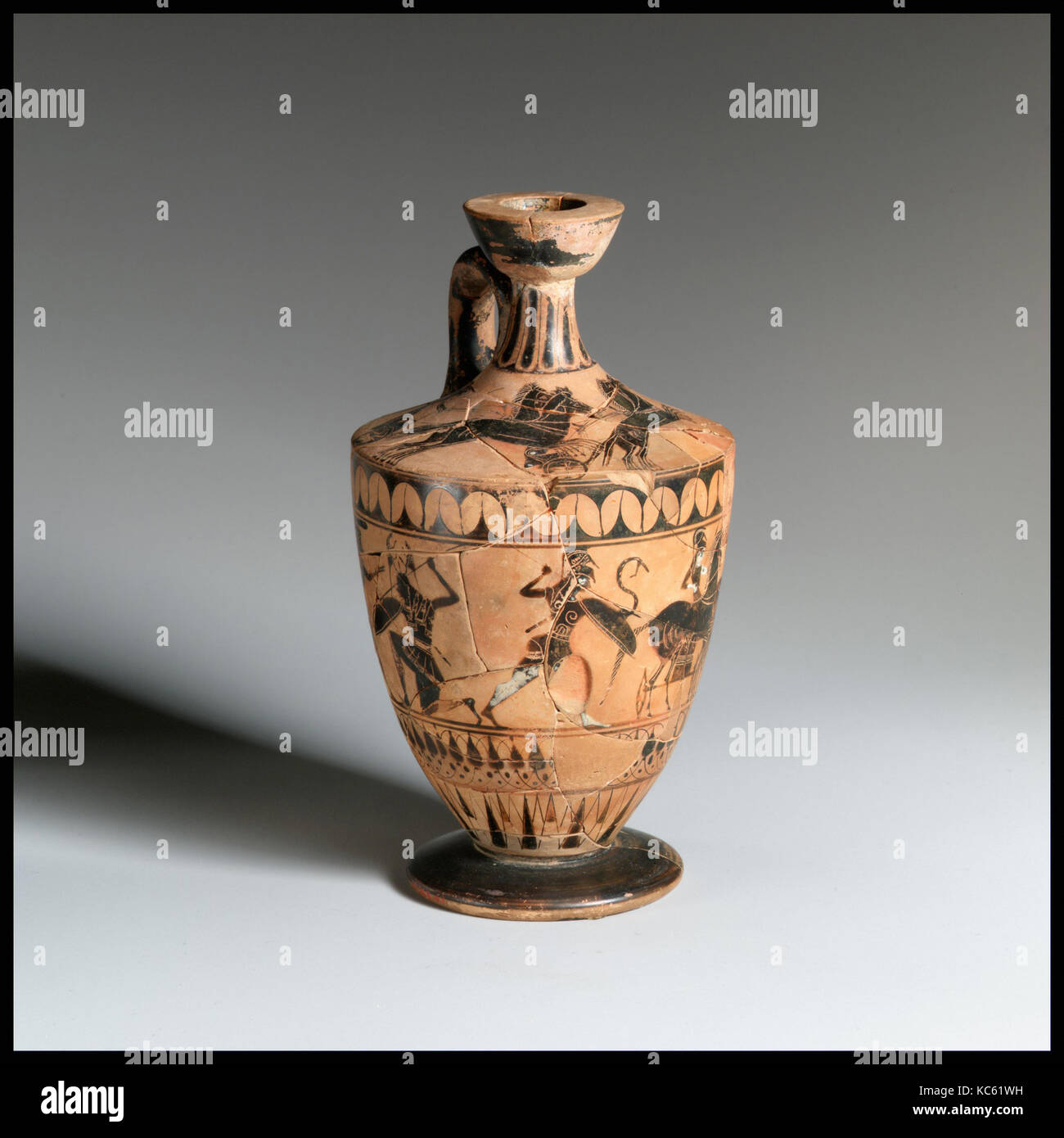 Terracotta lekythos (oil flask), Archaic, ca. 530 B.C., Greek, Attic, Terracotta; black-figure, H. 6 3/4 in. (17.1 cm), Vases Stock Photo