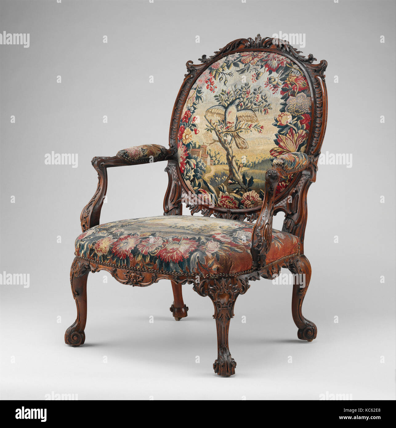 Armchair (one of four), ca. 1755–65, British and French, probably Beauvais, Mahogany; wool and silk (18-21 warps per inch, 7-9 Stock Photo