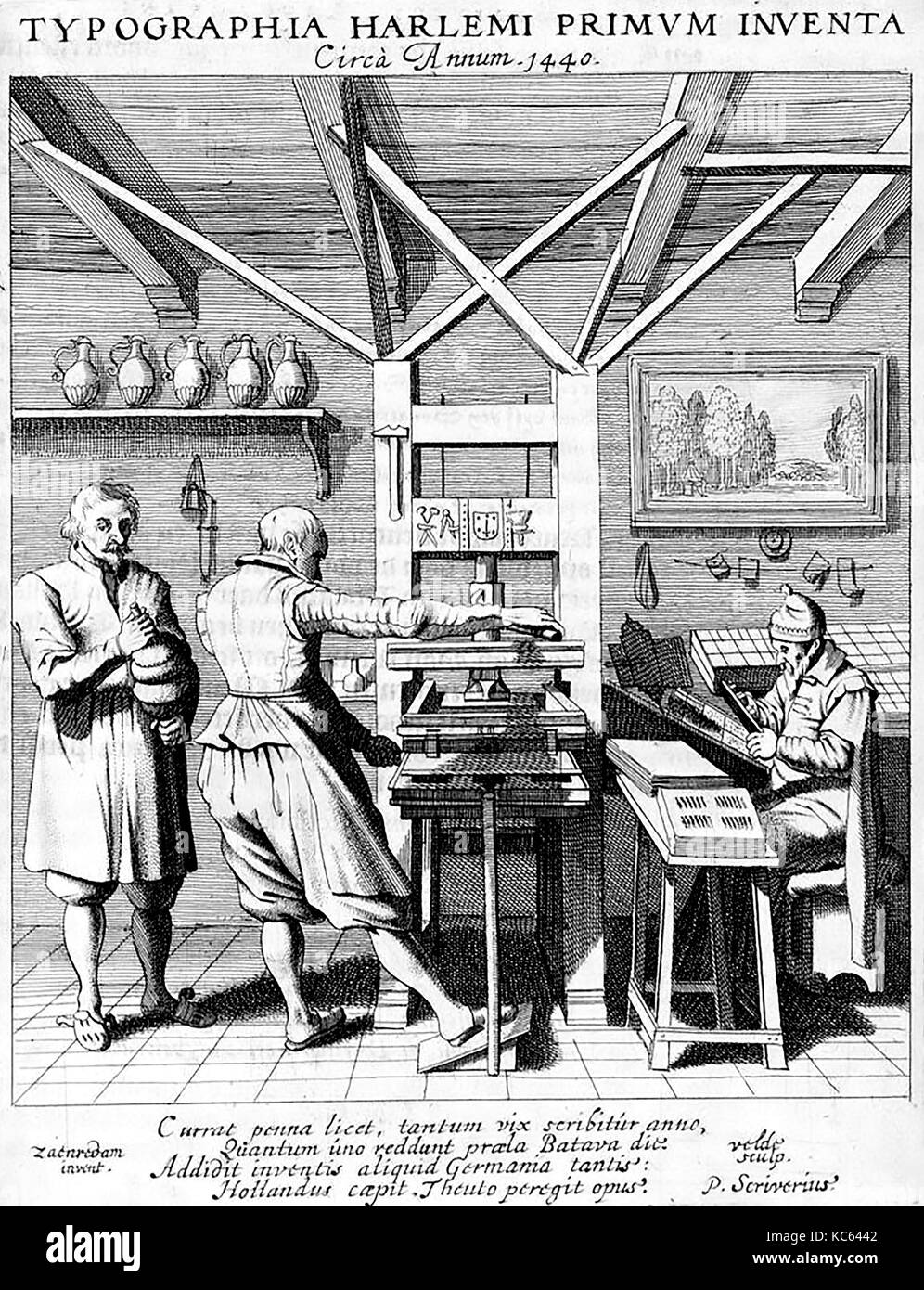 LAURENS COSTER (c 1370- c 1440) Dutch printing press inventor. Engraving from a 1628 booklet by Petrus Scriverius Stock Photo