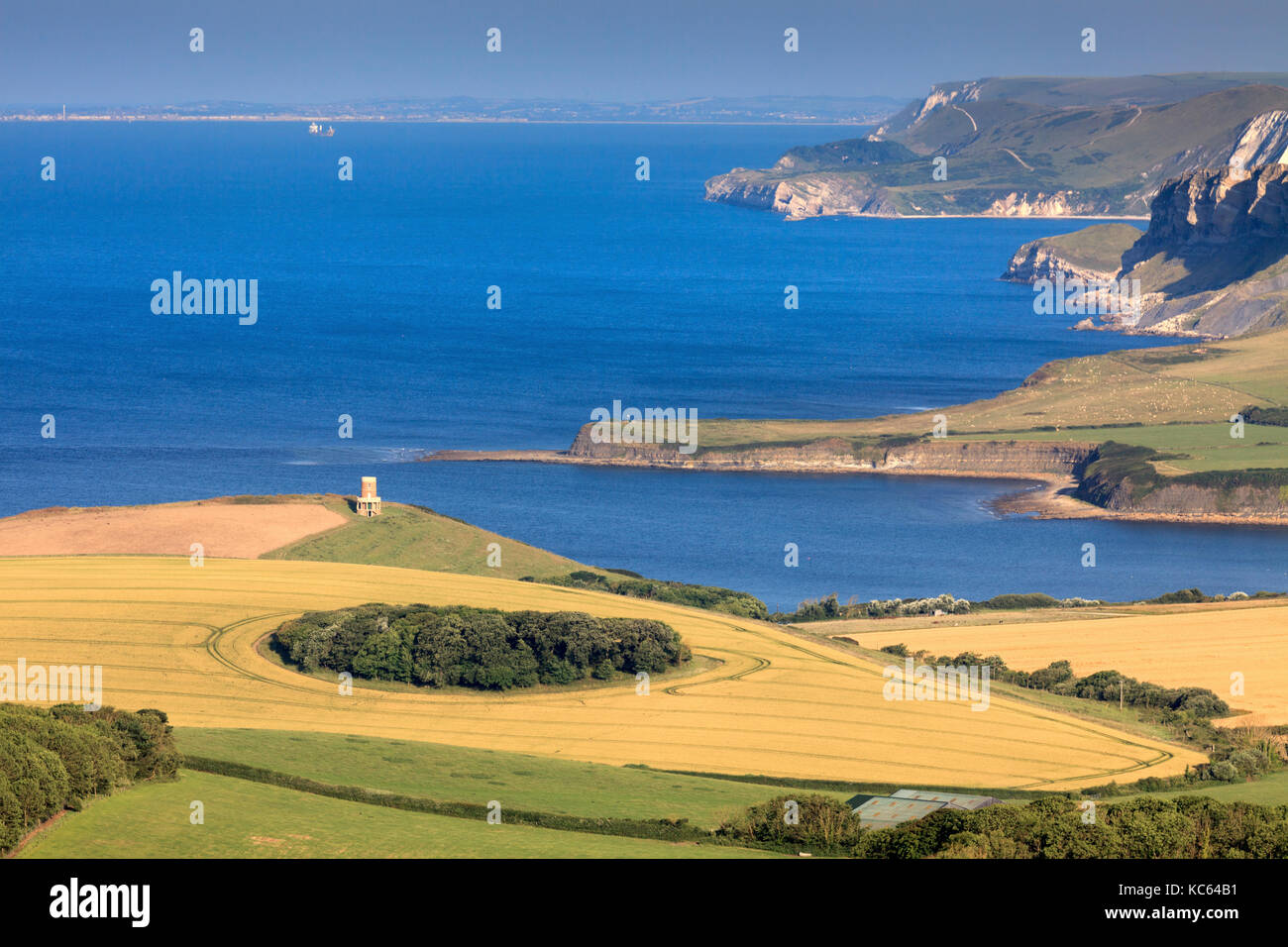 The Clavell Tower and Kimmeridge Bay captured from a high vantage point. Stock Photo