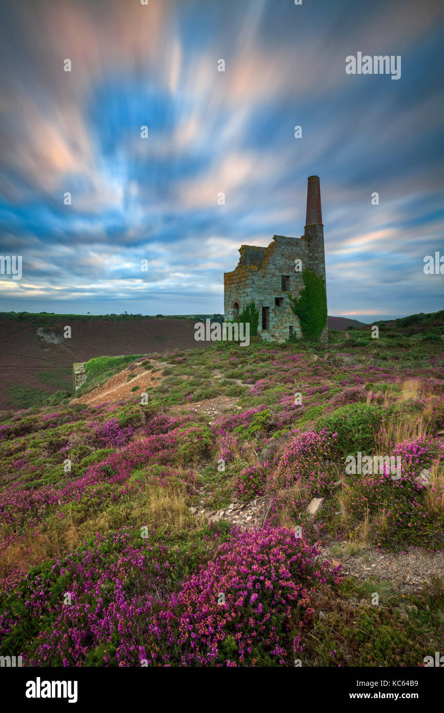 A Cornish Engine House captured using a long shutter speed at sunset. Stock Photo