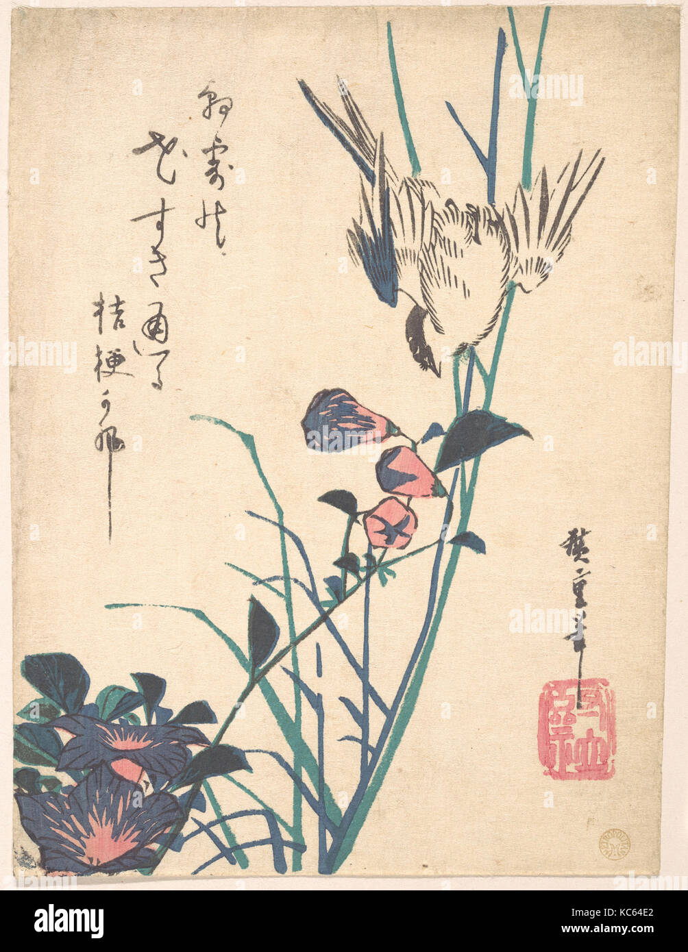 Large-flowered Flat Bill and Sparrow, Utagawa Hiroshige, ca. 1833 Stock Photo