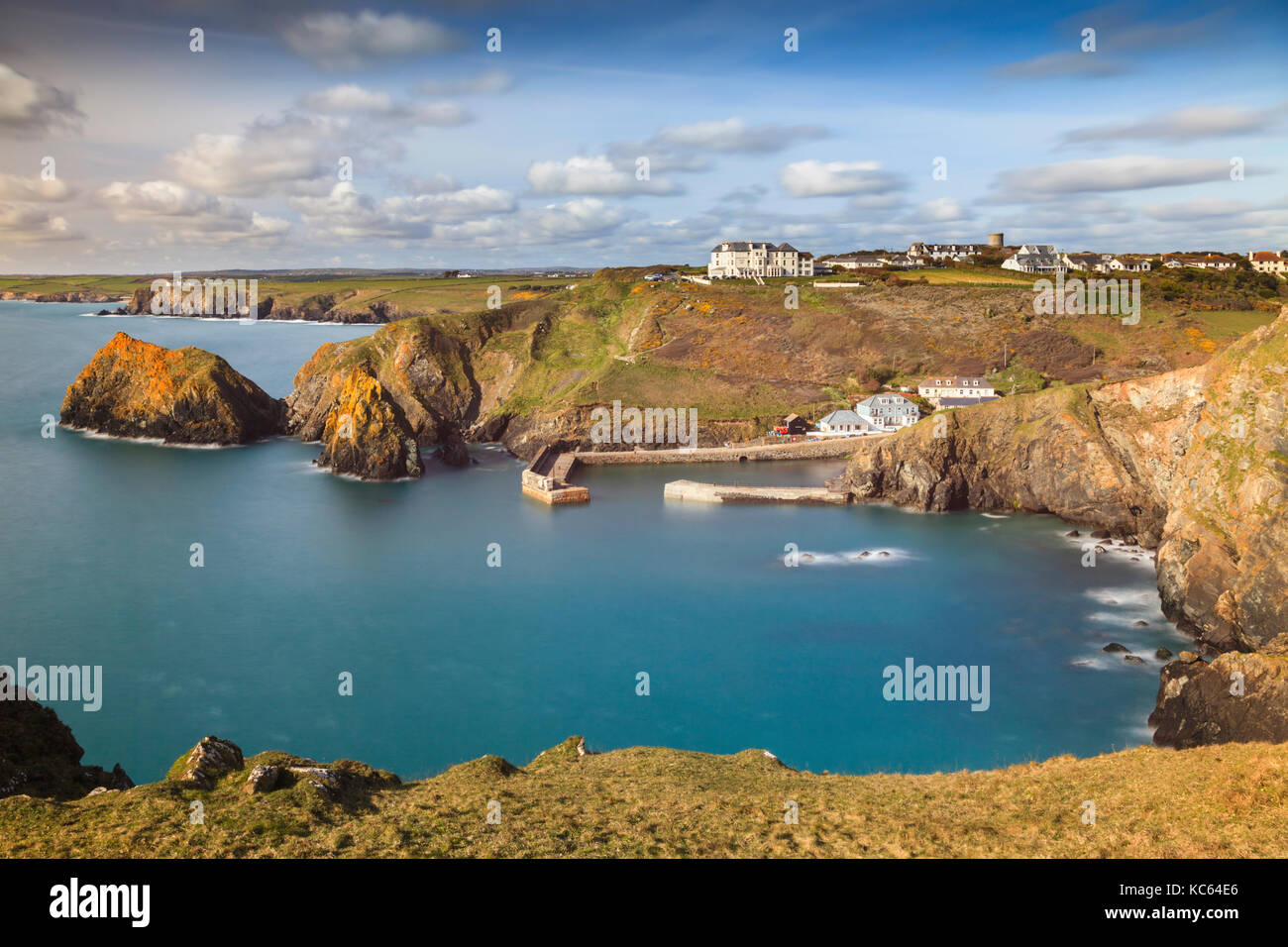 Mullion Cove in Cornwall captured from the South West Coast Path. Stock Photo