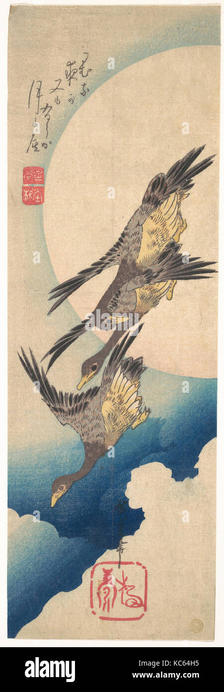 Wild Geese Flying under the Full Moon, Utagawa Hiroshige, ca. 1833 Stock Photo