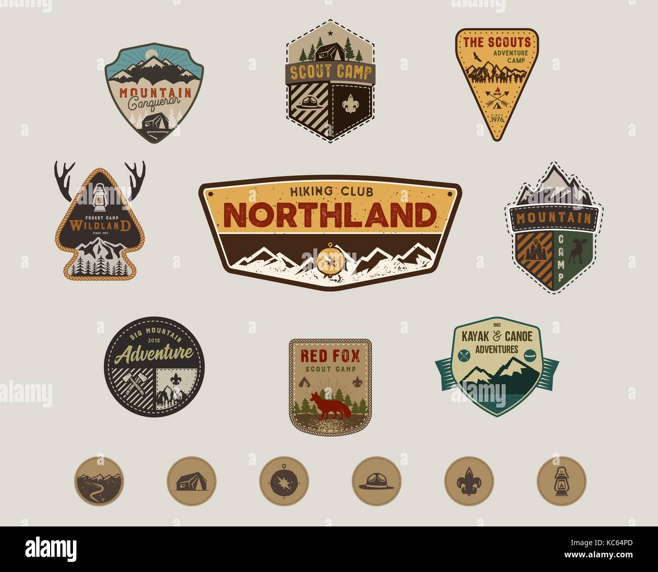 Traveling, outdoor badge collection. Scout camp emblem set and hiking stickers, icons. Vintage hand drawn design. Stock vector illustration, insignias, rustic patches. Isolated on white background Stock Vector