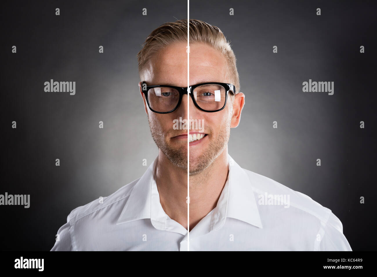 Man's Face Showing Happy And Sad Emotions Against Grey Background Stock Photo