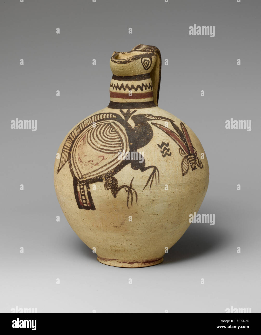 Terracotta jug, Cypro-Archaic I, 750–600 B.C., Cypriot, Terracotta, H. 7 5/16 in. (18.5 cm), Vases, Flying bird feeding upon Stock Photo
