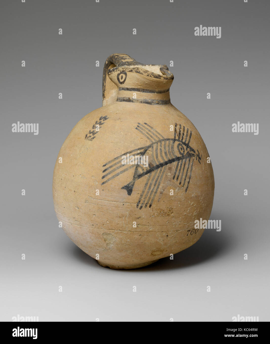 Terracotta jug, Cypro-Archaic I, 750–600 B.C., Cypriot, Terracotta, H. 7 7/16 in. (18.9 cm), Vases, Fish, swastika, and zigzag Stock Photo
