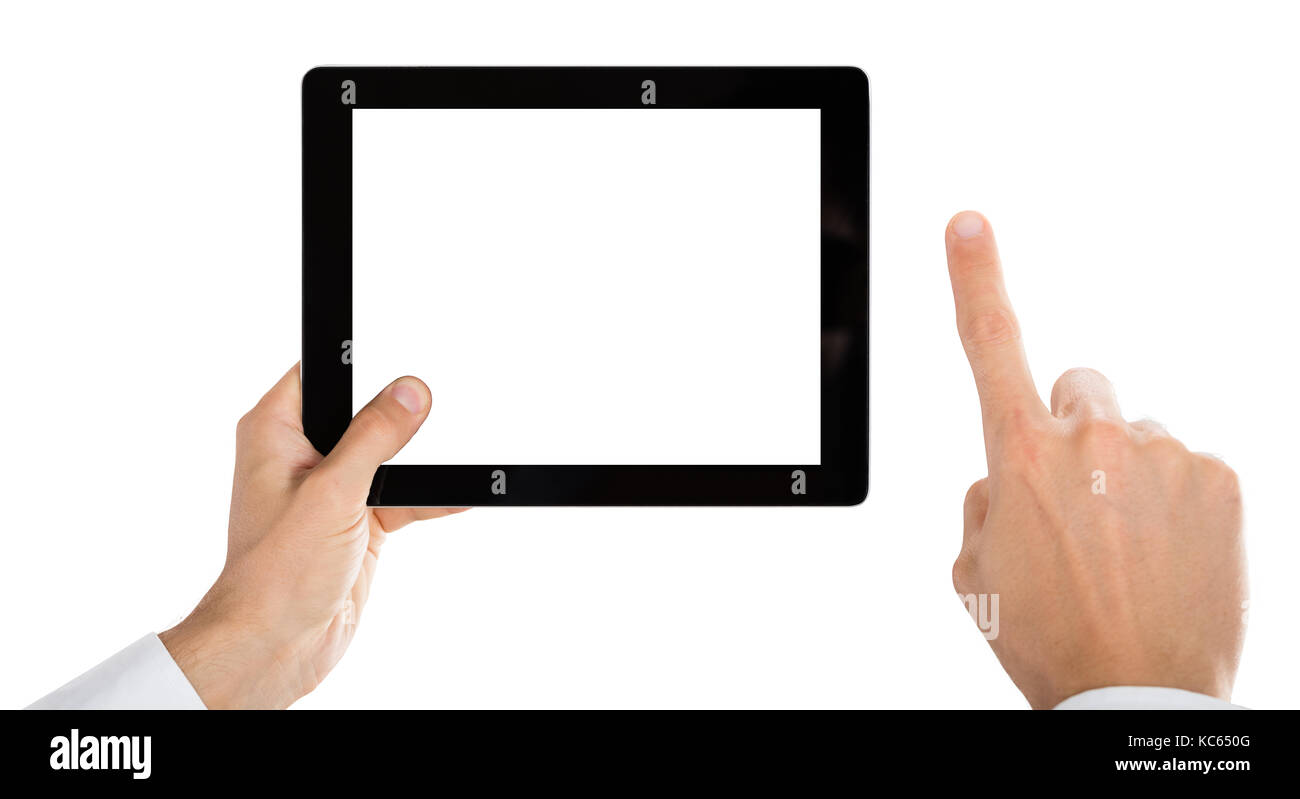 Person Hand Holding Digital Tablet Gesturing On White Background Stock Photo