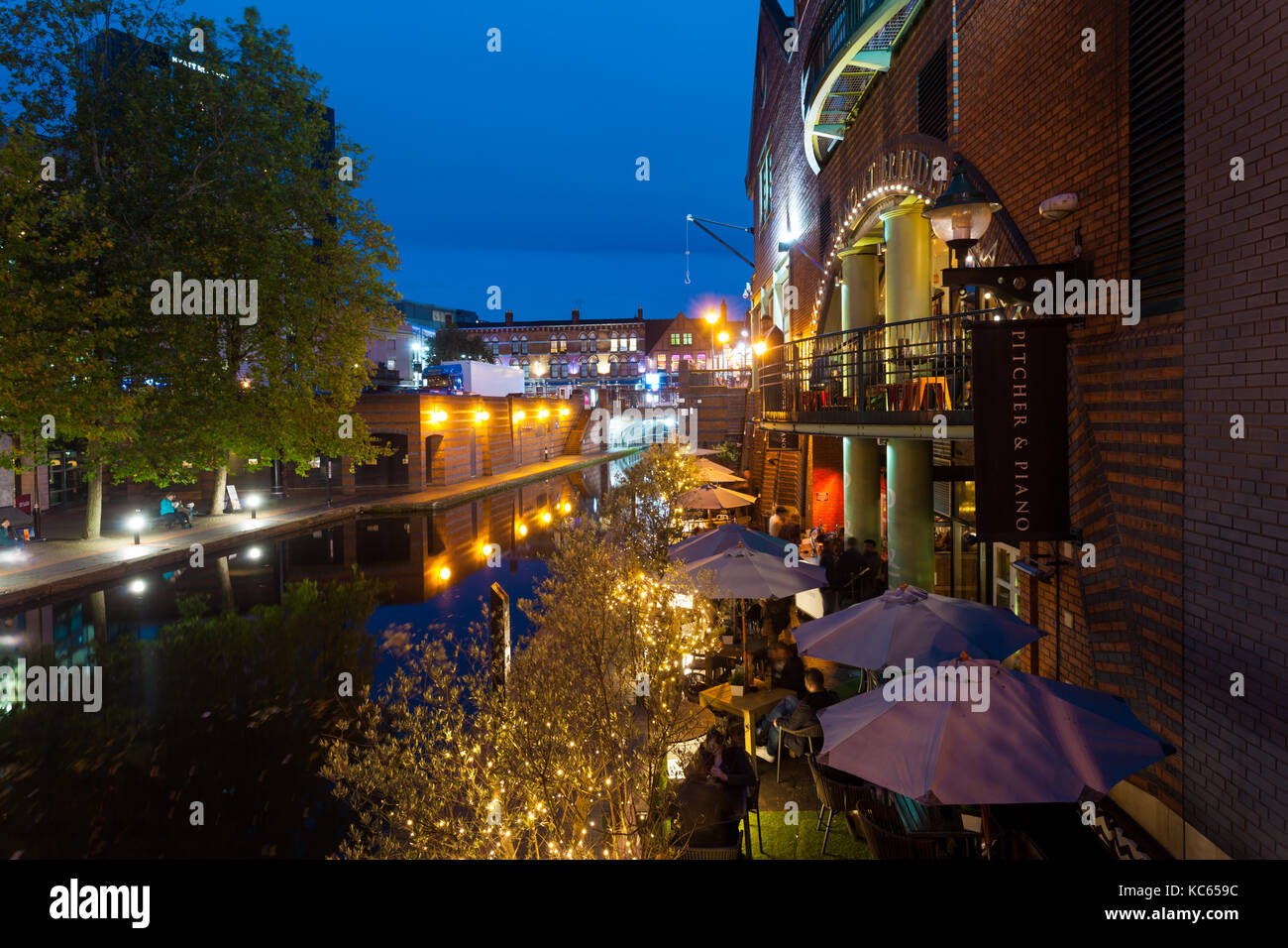 Evening view of Brindleyplace canal side bars and entertainments