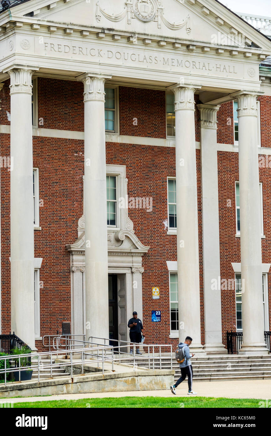 Washington DC,Howard University,historically Black college,campus,higher education,Frederick Douglass Memorial Hall,outside exterior,entrance,Black ma Stock Photo