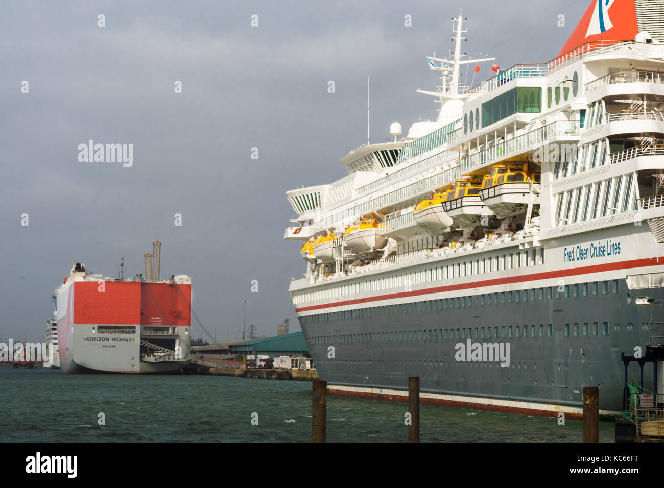 View across over the Southampton Western Docks port with the Balmoral cruise liner berthed in City Cruise Terminal (Berth 101), 2017, Southampton, UK Stock Photo