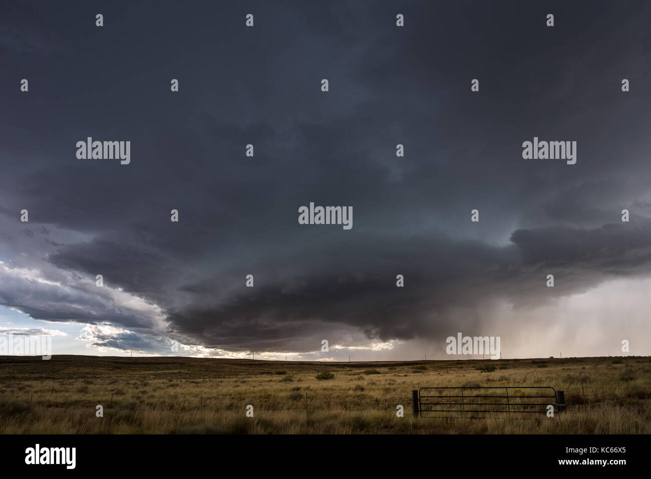 Supercell thunderstorm with tornado and dark storm clouds over a field near Belen, New Mexico Stock Photo