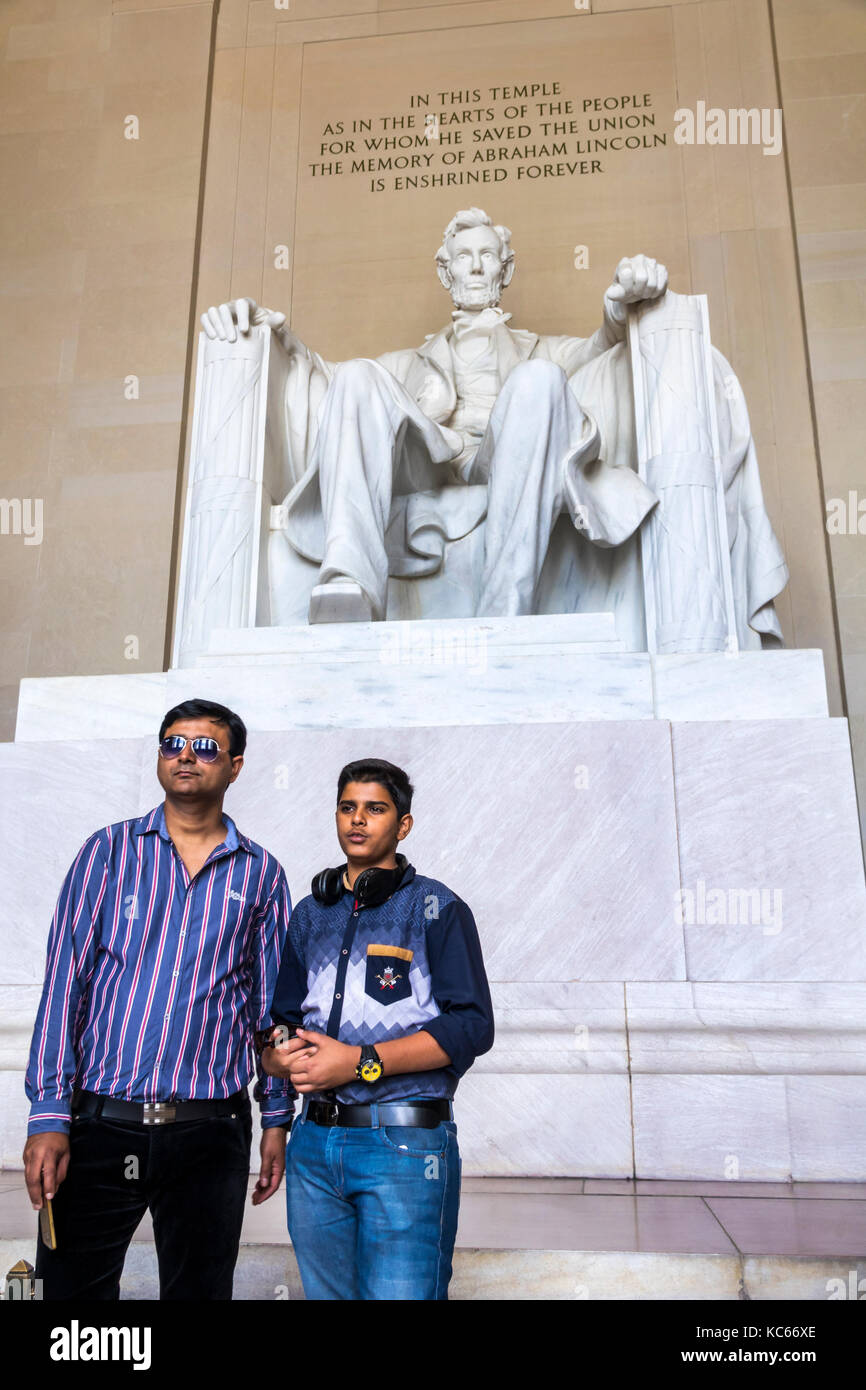 Washington DC,National Mall,Lincoln Memorial,monument,Abraham Lincoln,statue,Asian man men male,boy boys,kid kids child children youngster,teen teens Stock Photo