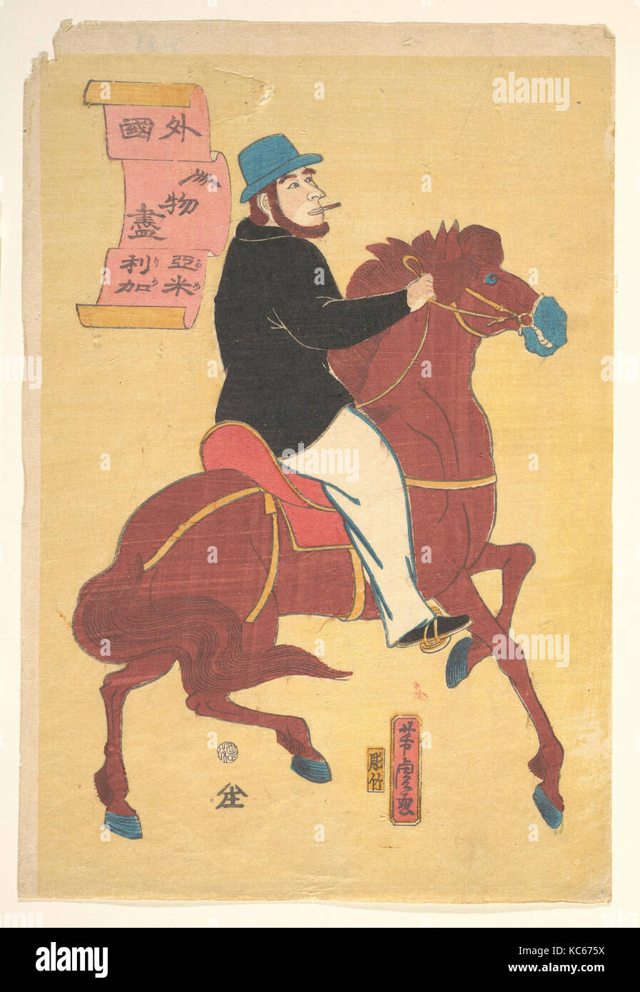 An American on Horseback, Utagawa Yoshitora, ca. 1861 Stock Photo