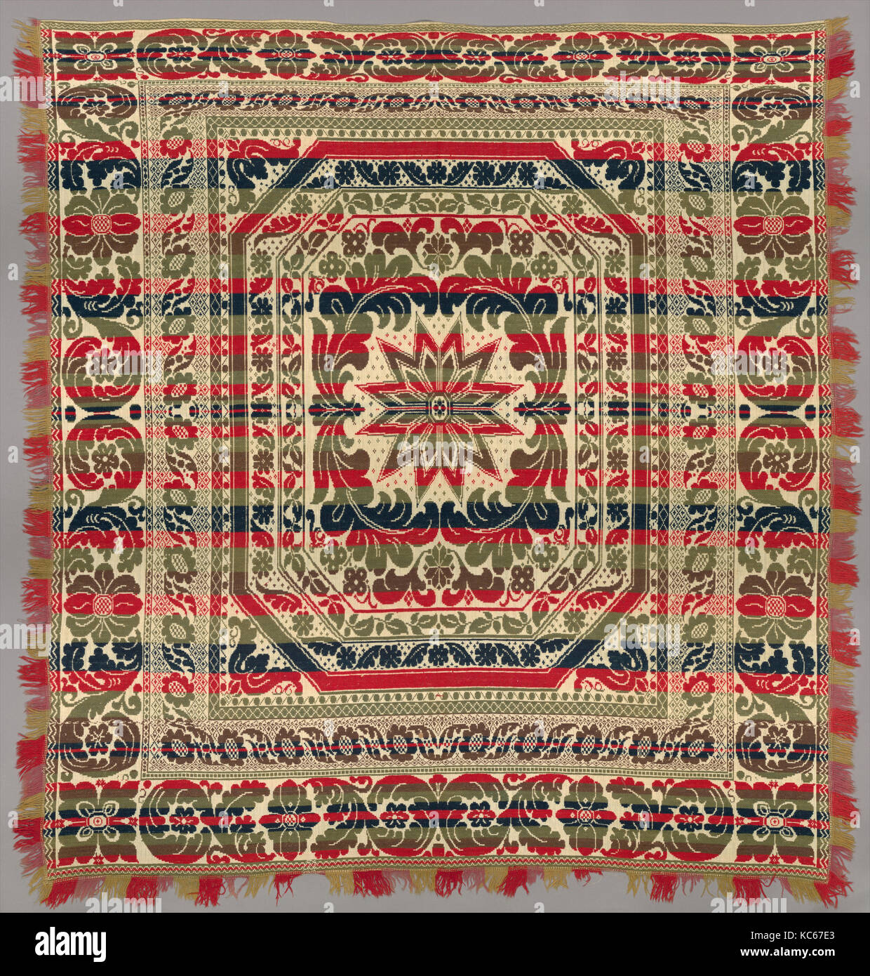 Coverlet, ca. 1850–70, Wool and cotton, Jacquard-loom-woven, 85 1/2 x 79 in. (217.2 x 200.7 cm), Textiles Stock Photo