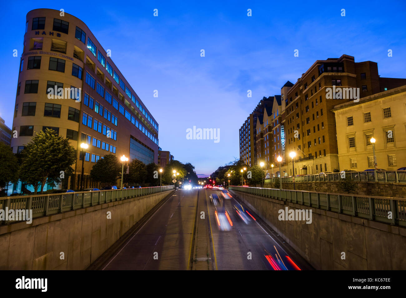 Washington DC,Thomas Circle,Massachusetts Avenue,underpass,traffic,dusk,DC170527093 Stock Photo