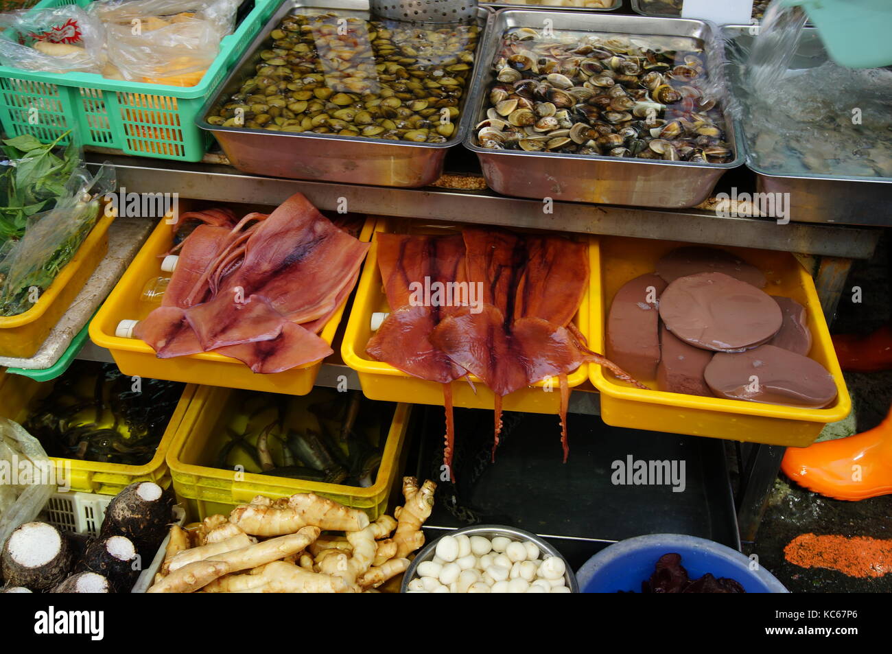 Fresh seafood for sale at an open market Stock Photo