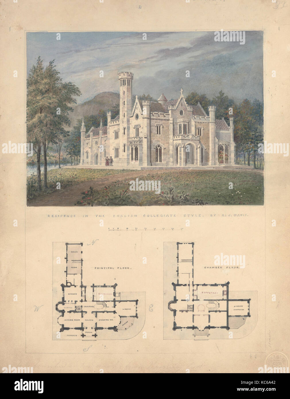 Villa for Robert Donaldson, Fishkill Landing, New York (perspective and plans), Alexander