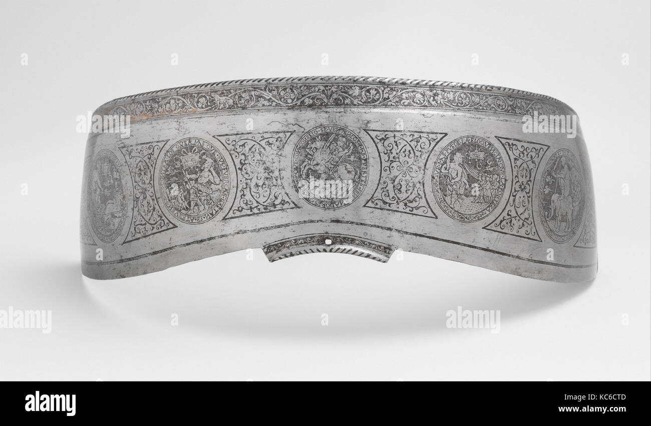Cantle Plate, ca. 1550–60, Possibly Milan, Italian, possibly Milan, Steel, gold, H. 6 1/2 in. (16.5 cm); W. 19 1/2 in. (49.5 cm Stock Photo
