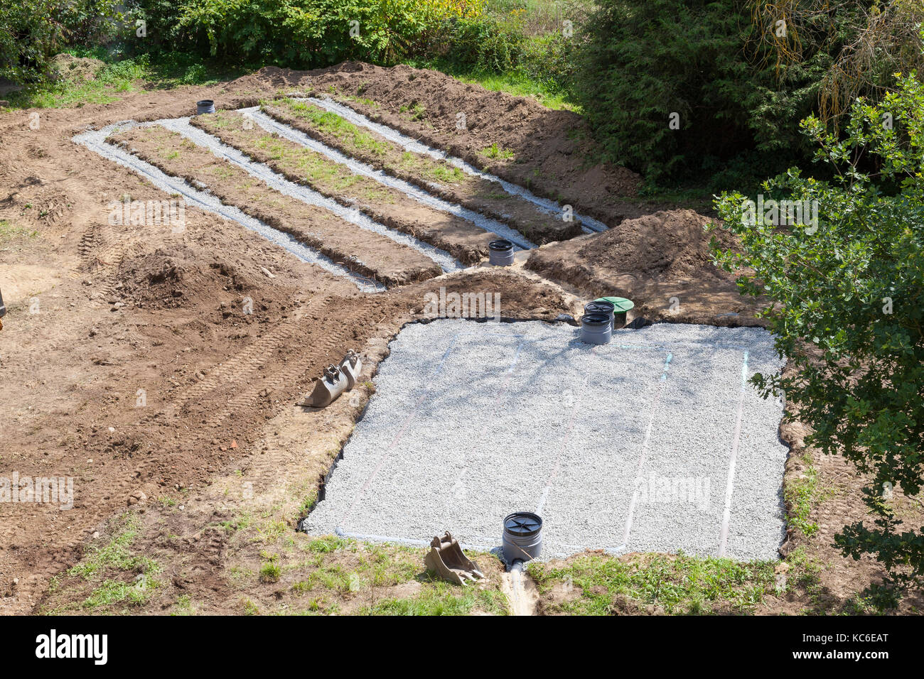 Aerial view of primary and scenodary gravel and sand filter beds for a septic tank for the disposal of household sewage and effluent being installed Stock Photo