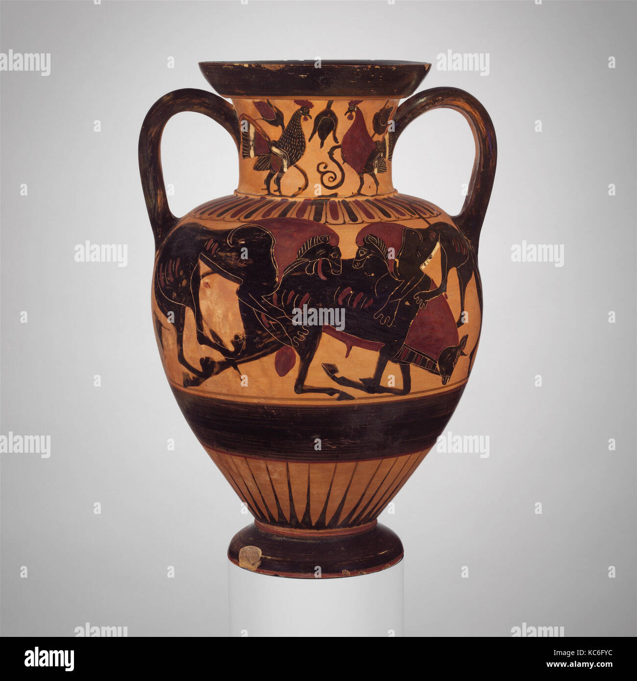 Terracotta neck-amphora (jar), Archaic, ca. 540–530 B.C., Greek, Chalcidian, Terracotta; black-figure, H. 14 1/16 in. (35.7 cm Stock Photo